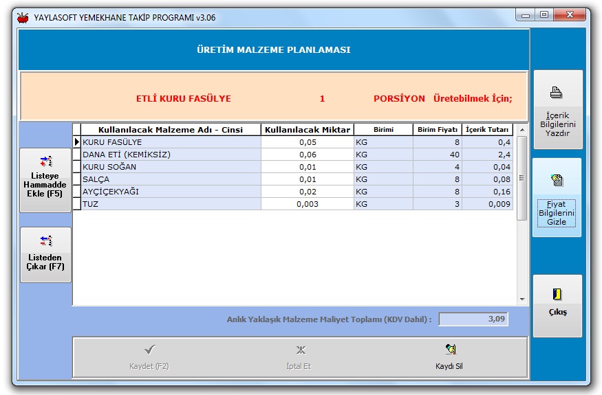 Yaylasoft Yaylasoft Yemekhane Takip Programi Calisma Sayfalarindan Bir Gorunum